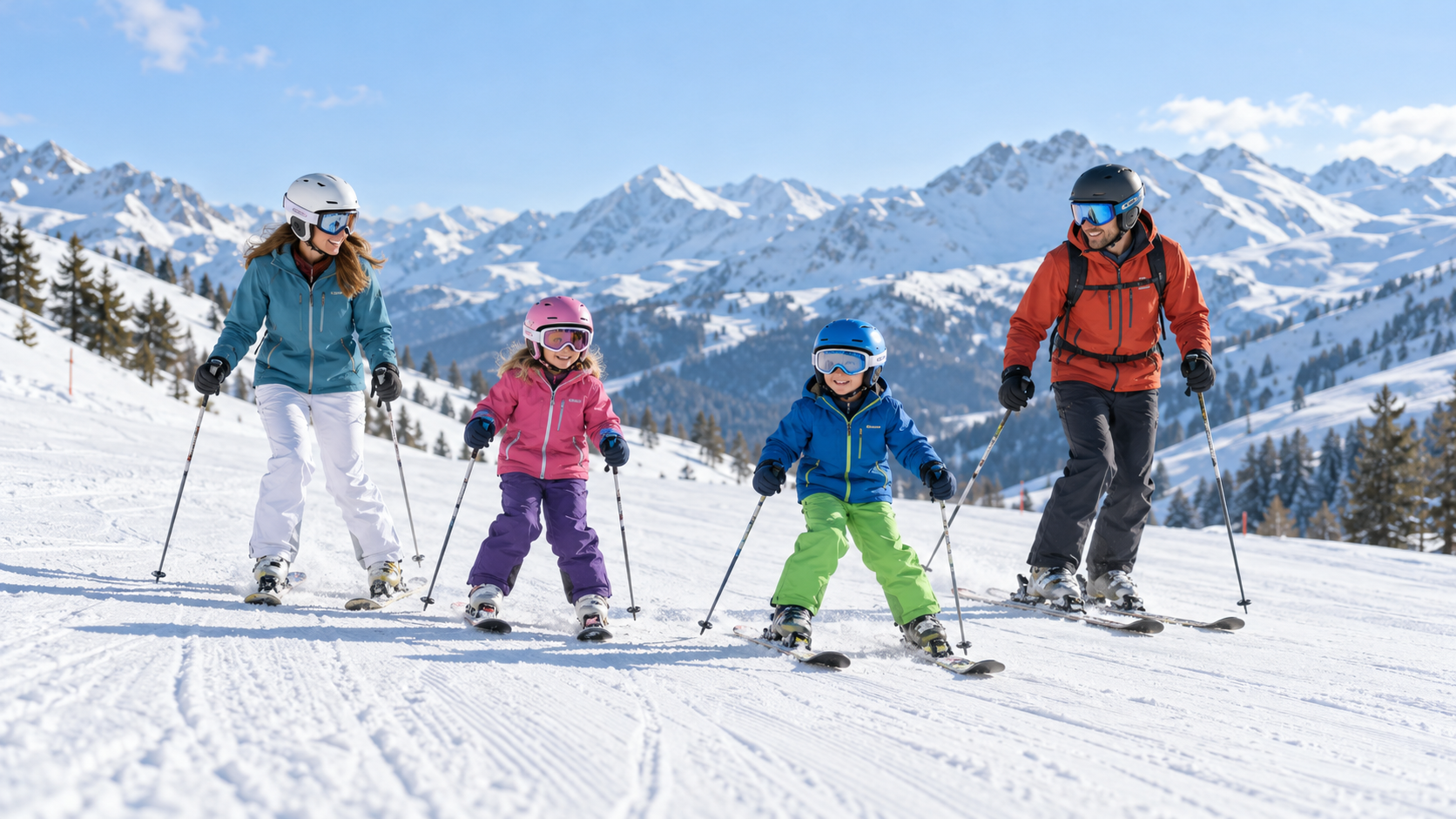 Gezin op een brede skipiste in de Alpen